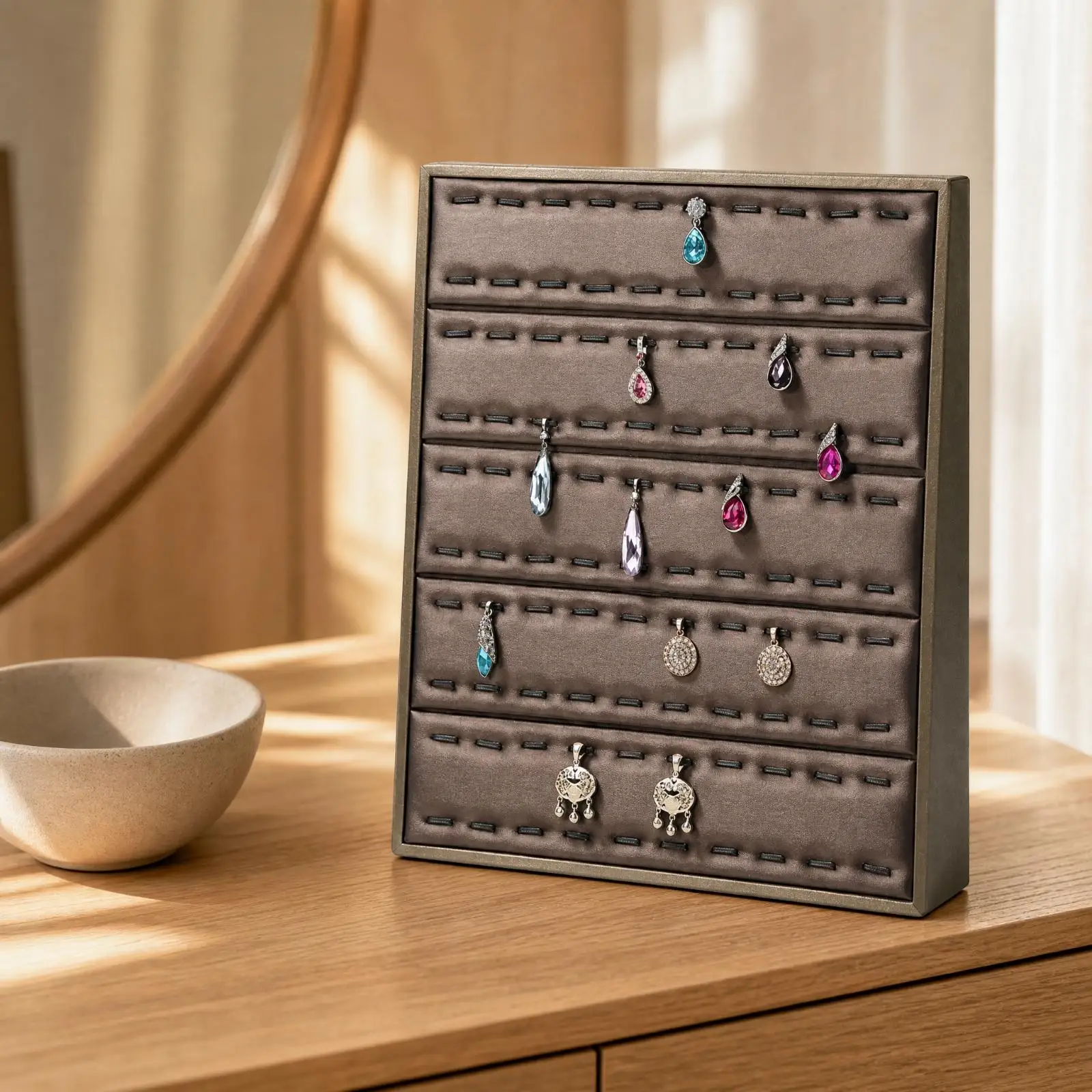 Freestanding Jewelry Organizer with Stitched Slots Compact PU Leather Jewelry Display Tray Structured Rectangular Earring and