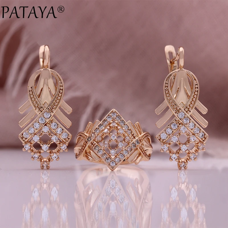 PATAYA Micro Inlaid Zircon 585 Rose Gold Color Romantic Ring Earrings Jewelry set for Women Anniversary Gift Fine Jewelry