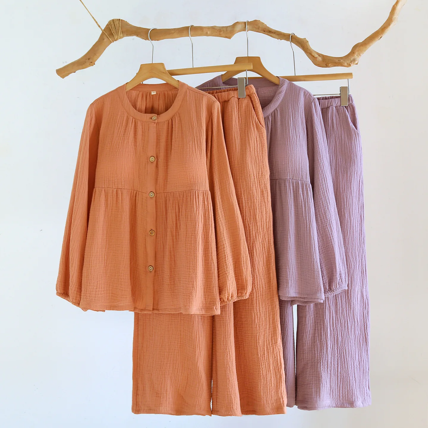 

Women's Solid Color Cotton Pajama Sets Gauze Long Sleeve Pants Loungewear Casual Simple Sleepwear Round Neck Nightwears