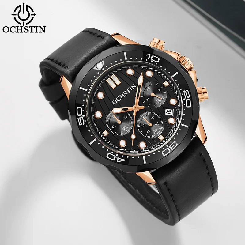 OCHSTIN Men’s Watch Navigator Collection Multi‑Function Quartz Wristwatch Man Genuine Leather Band Waterproof Clock Male