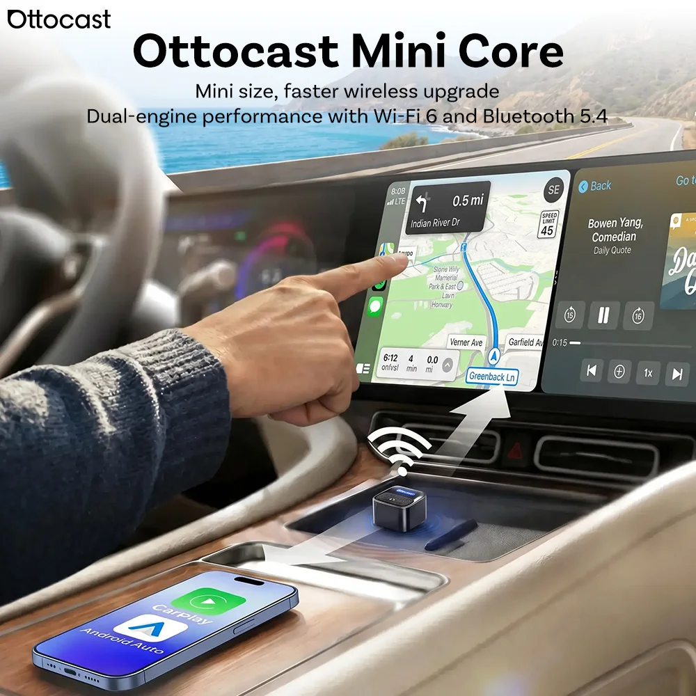 Ottocast Mini Core Wireless CarPlay Adapter Android Auto Wireless Adapter Remembers 2 Devices Wifi 6 BT5.4 Fast Reconnect NEW