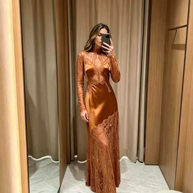 Lace Mock Neck Maxi Dress Women Sheer Lace Overlay Satin Lining Long Sleeve Mermaid Hem Vestidos Elegant Formal Ladies Gown
