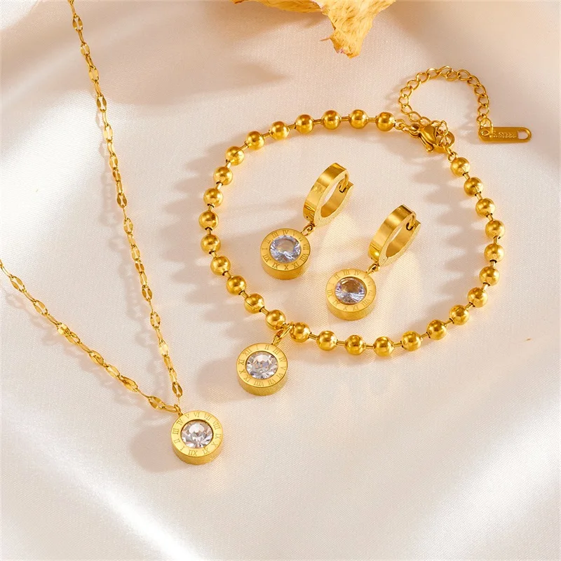 EILIECK 316L Stainless Steel Roman Zircon Heart Necklace Bracelet Earrings Set For Women Trendy Waterproof Jewelry Holiday Gift