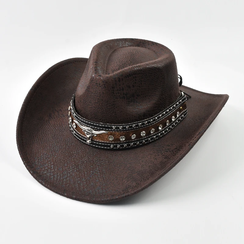 Mode Kuh Kopf Schmücken Western Cowboy Hut Kunstleder Vintage Gentleman Jazz Hüte für Männer Panama Cowgirl Hut – Detail 4