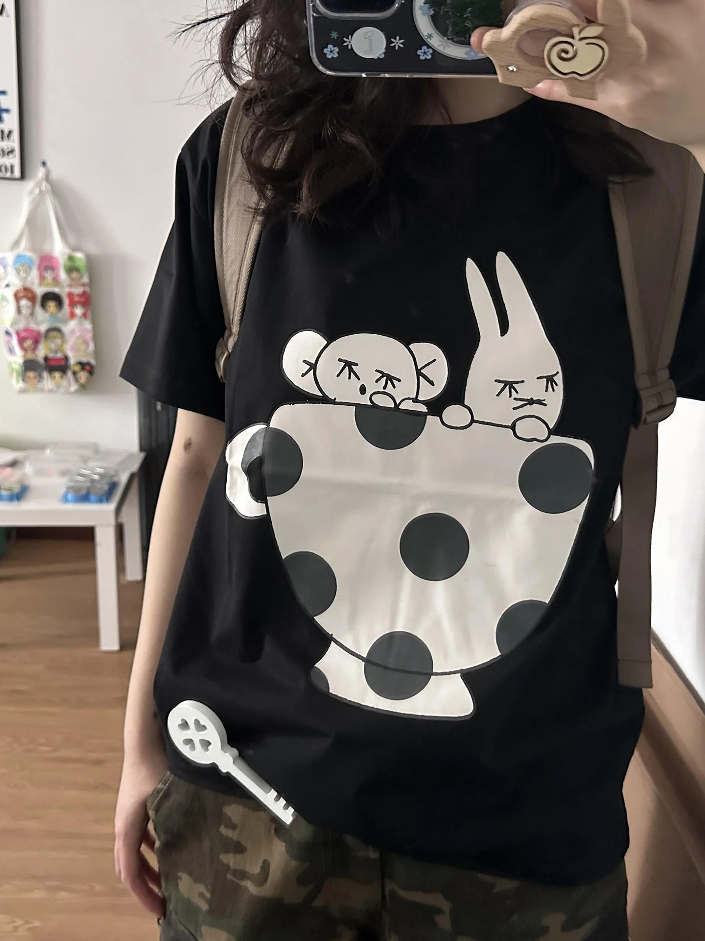 Polka Dot Tea Cup Print Pure Cotton Short Sleeve Women's T-shirt Summer Loose Slimming Versatile Top Casual Style round Neck