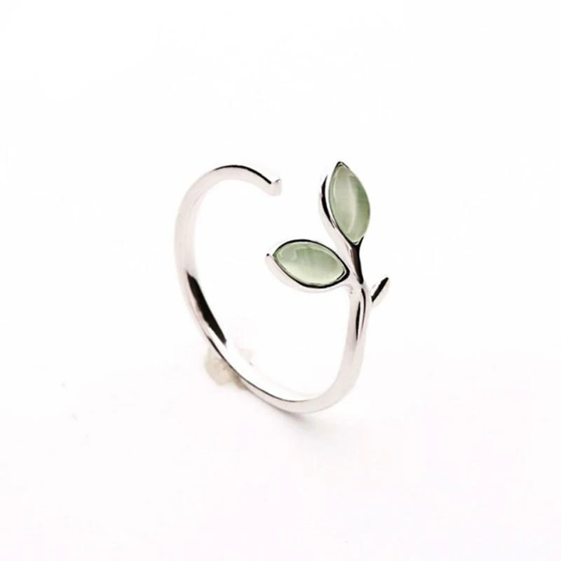 MEEKCAT 925 Sterling Silver Hope Green Tree Leaves Tree Buds Female Finger Rings for Women Sterling Silver Jewelry SCR453