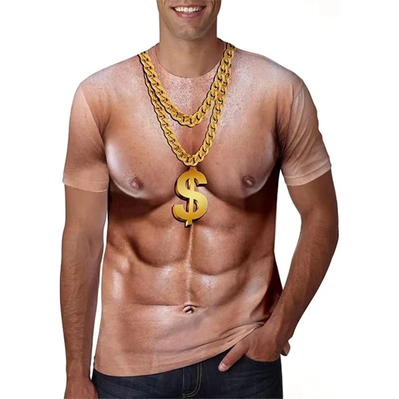 Men 3D Realistic Human Body Print Short Sleeve Tee Optical Illusion Funny Muscle Hairy Chest Novelty Halloween Party Street Top