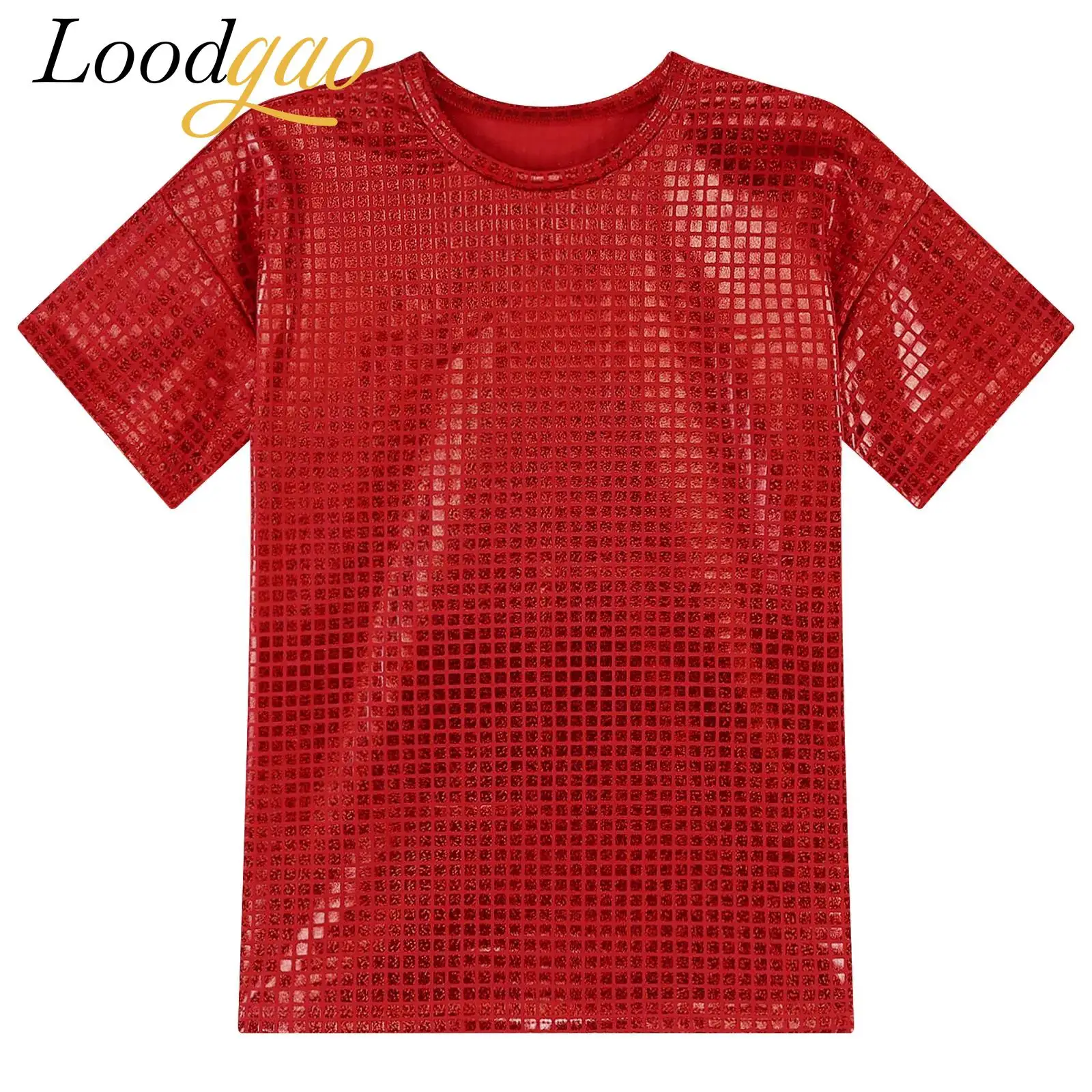 Fashion Short Sleeve Top Womens T-shirts Tops Shiny Plaid Sequins T-shirt Round Neck for Disco Dance Stage Performance Clothes