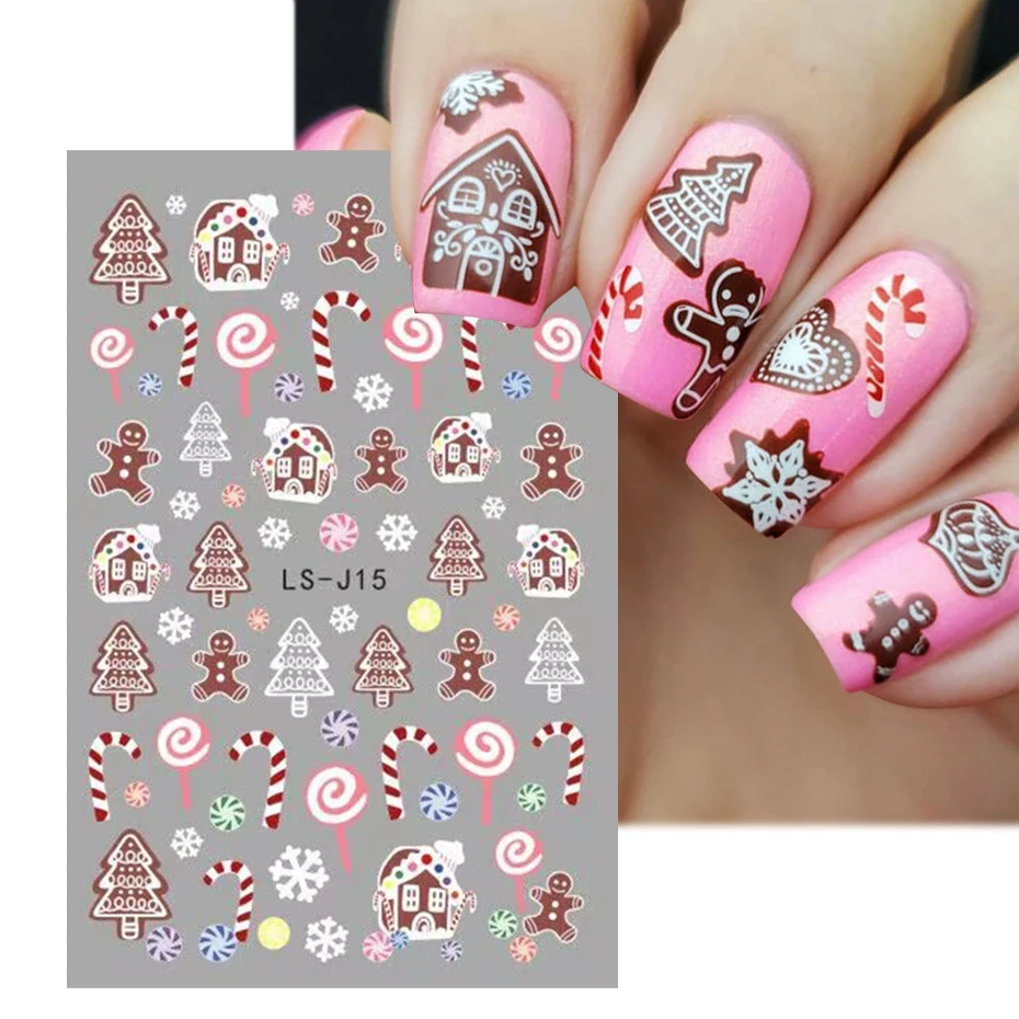 Adesivi per unghie di natale biscotti di pan di zenzero di natale cursori di foglie di agrifoglio inverno Snowy capodanno Santa Candy decalcomanie Manicure LS-J15