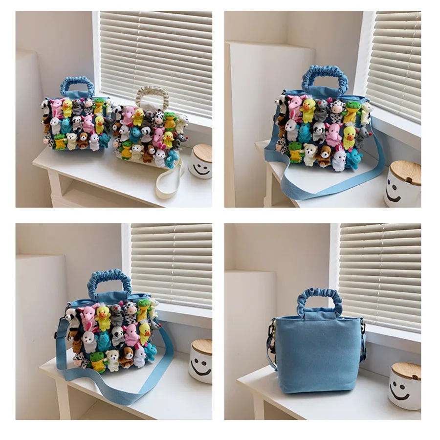 Super Cute  Doll Cartoon Lolita Mini Animal Handbag Shoulder Cross Bag Female Sweet Crinkled Handle Denim Kawaii