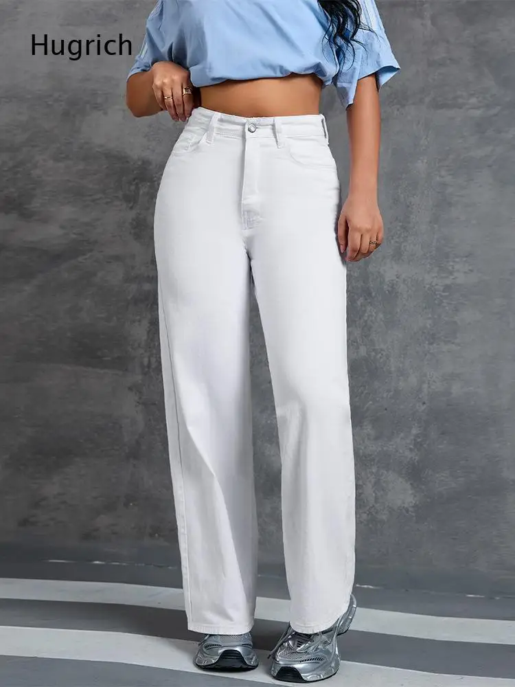 Solid White Denim Wide Leg Pants For Ladies High Rise Five Pocket Design Relaxed Fit Full Length Jeans For All Season Matching
