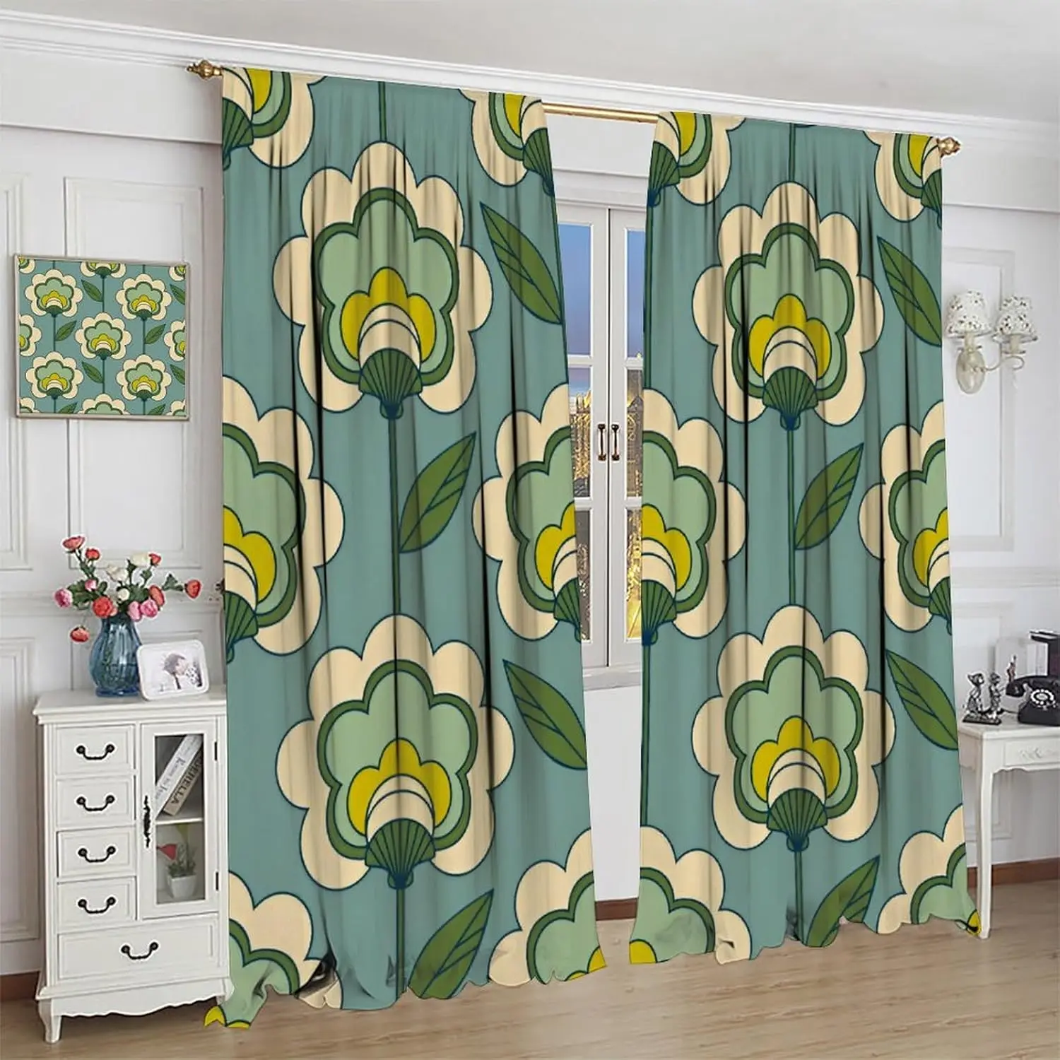 Green Abstract Flower Curtains,Vintage 70s Boho Floral Print Funky Hippie Modern Style Window Treatments Drapes for Bedroom