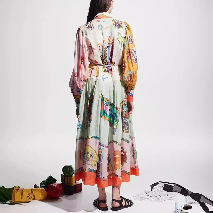 Elegant 2024 Women Vintage Print Maxi Dress Fashion Chic Trend Autumn with Belt Holiday Lantern Sleeve Long Dresses Female Robe