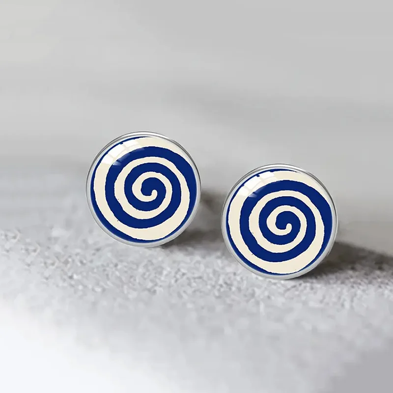 Round Blue Ocean Whirlpool Cabochon Glass Stud Earrings Wave Vortex Earrings For Women Men Jewelry