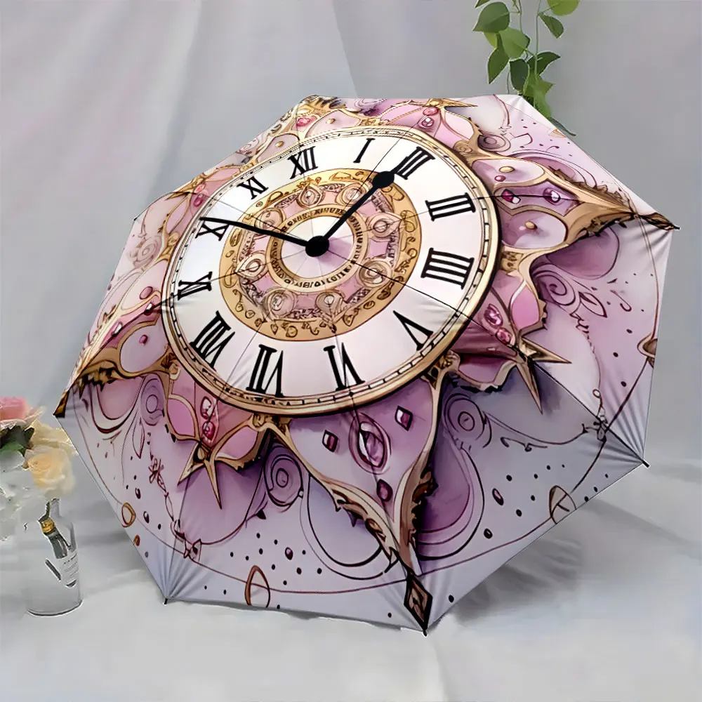 Elegant Clock Design with Roman Numerals and Pink Accents portable waterproof sun rain umbrella for outdoor travel beach
