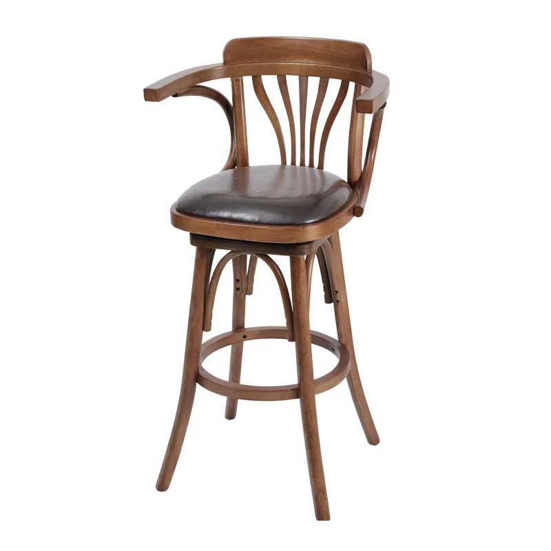 

Nordic Vintage Swivel Bar Chair Curved Wood Restaurant High Chair Walnut Solid Wood Bar Stools With Back