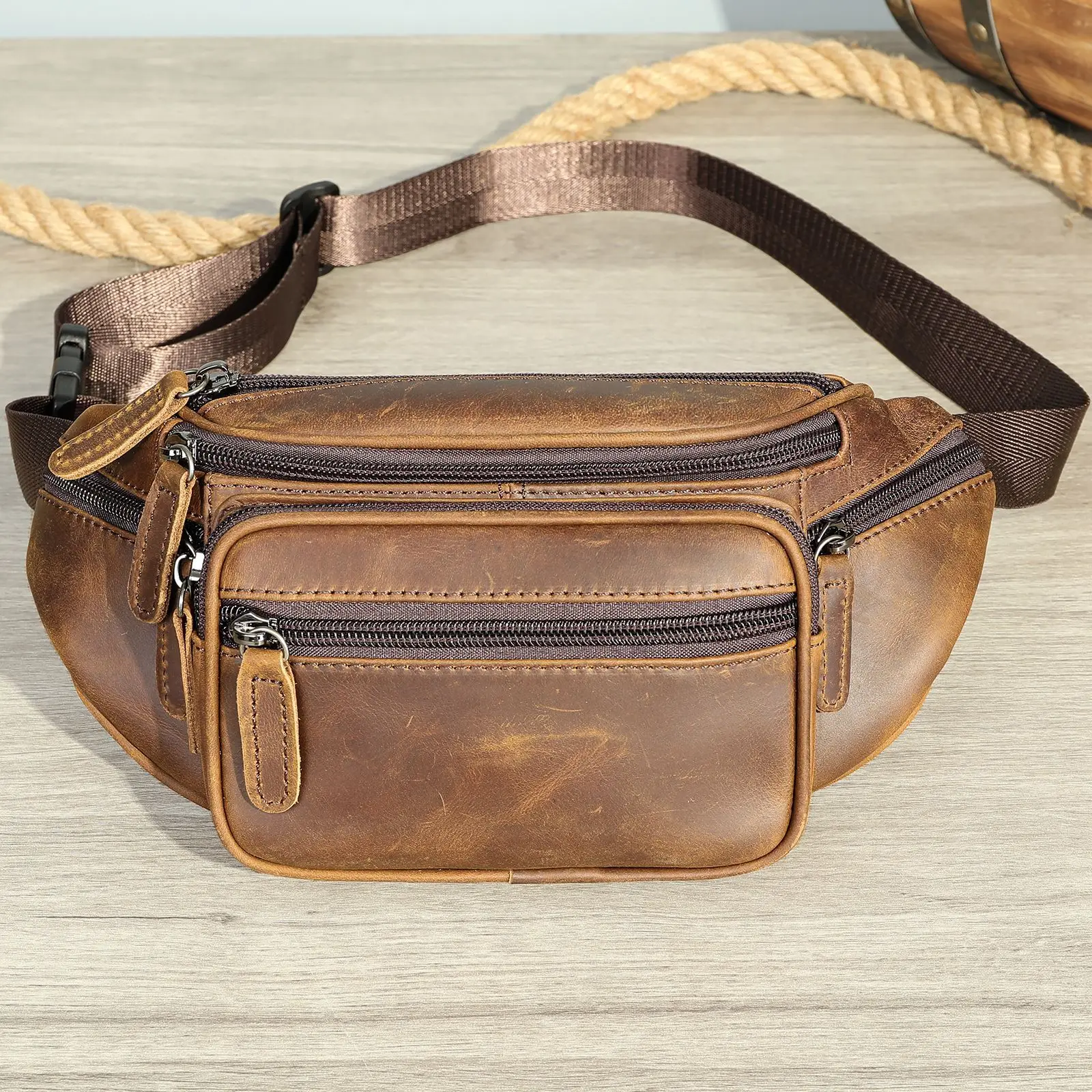 Casual Mens Genuine Leather Waist Bag Crossbody Crazy Horse Leather Chest Bag Top Grain Cowhide Anti Theft Front Chest Pack