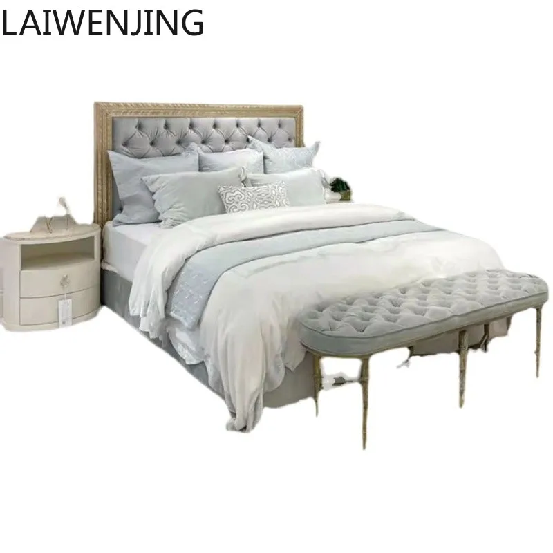 

HLZ light luxury solid wood bed champagne carved double bed modern fabric bed furniture