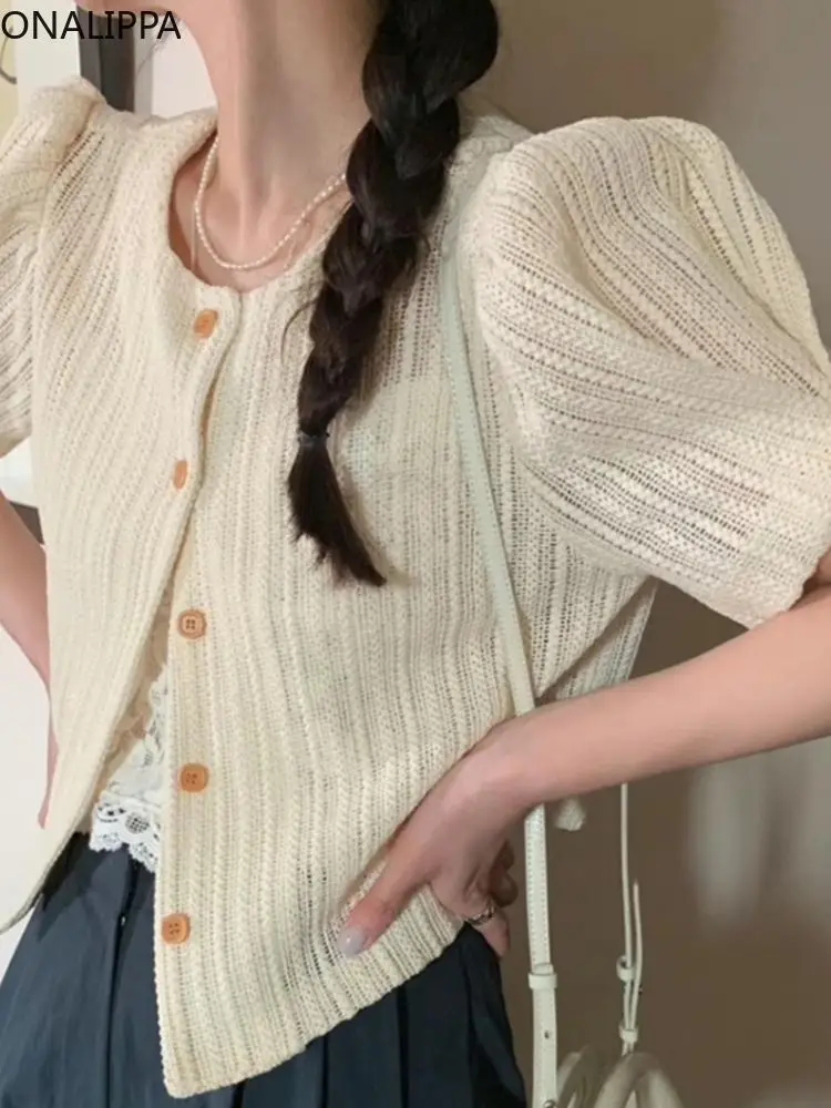 Onalippa Puff Short Sleeves Women Tops Single Breasted Loose Thin Cardigans Women French Style Small Fragrance Sweet Cardigan