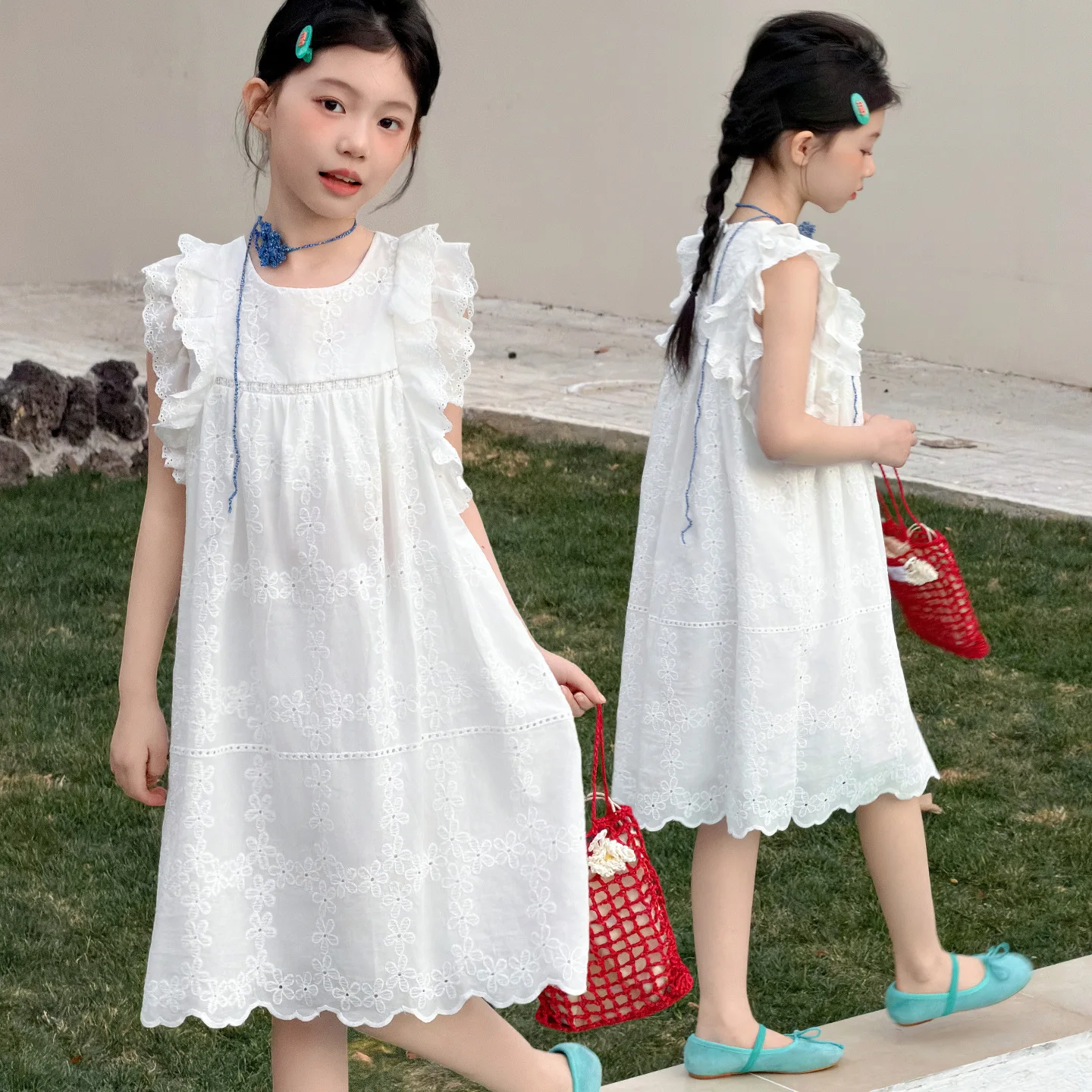 

2026 summer Teenager kids Girls clothes floral mesh Princess white Dress lace off shoulder sleeveless 5 6 7 8 9 10 11 12 Years