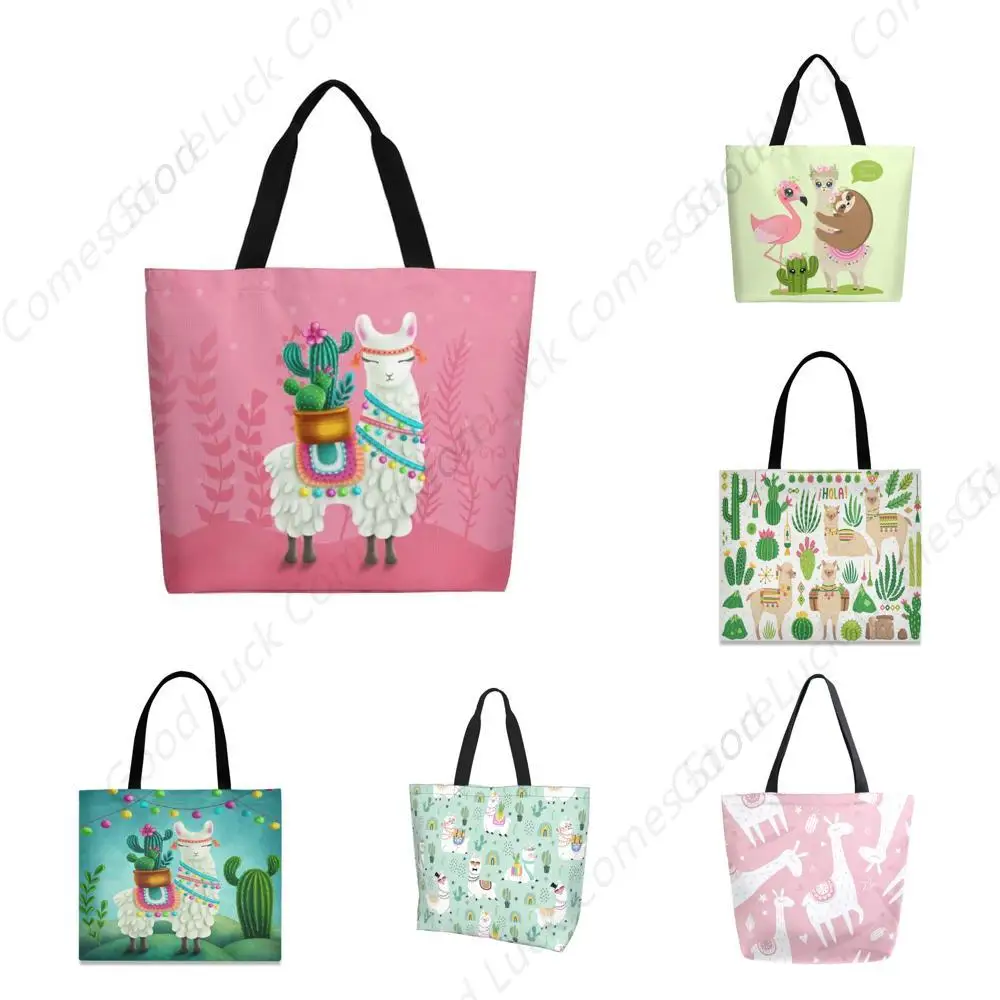 

Милая парусиновая большая сумка с ламой, большая женская повседневная сумка на плечо, многоразовая пляжная сумка для покупок, продуктовая сумка для улицы