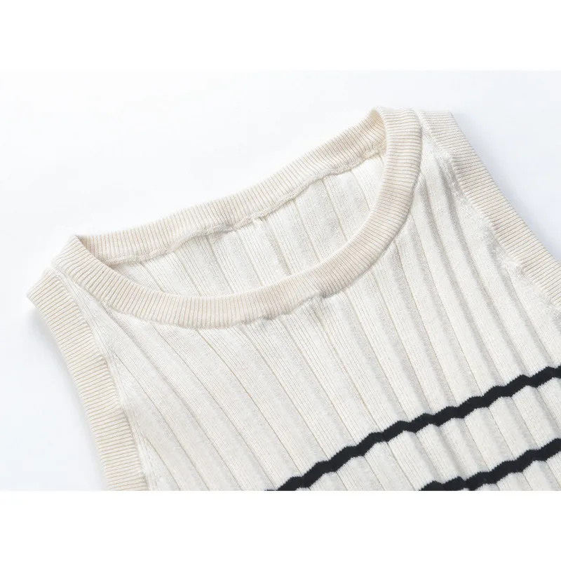 Vestido feminino de malha listrado preto e branco 2025 – vestido fino solto e versátil com camadas finas