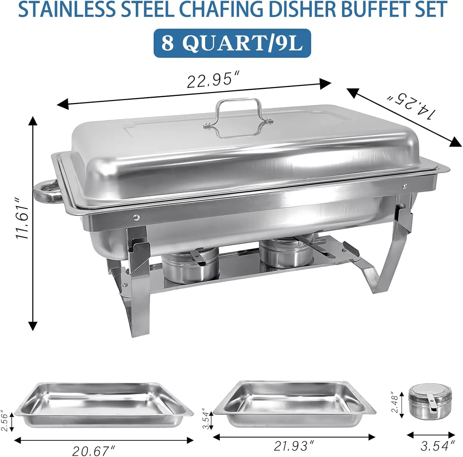 4 Pack Chafing Dish Buffet Set High Grade 8QT Stainless Steel Chafer Complete Set, 8 QT, Alpine Gray Handle, Silver