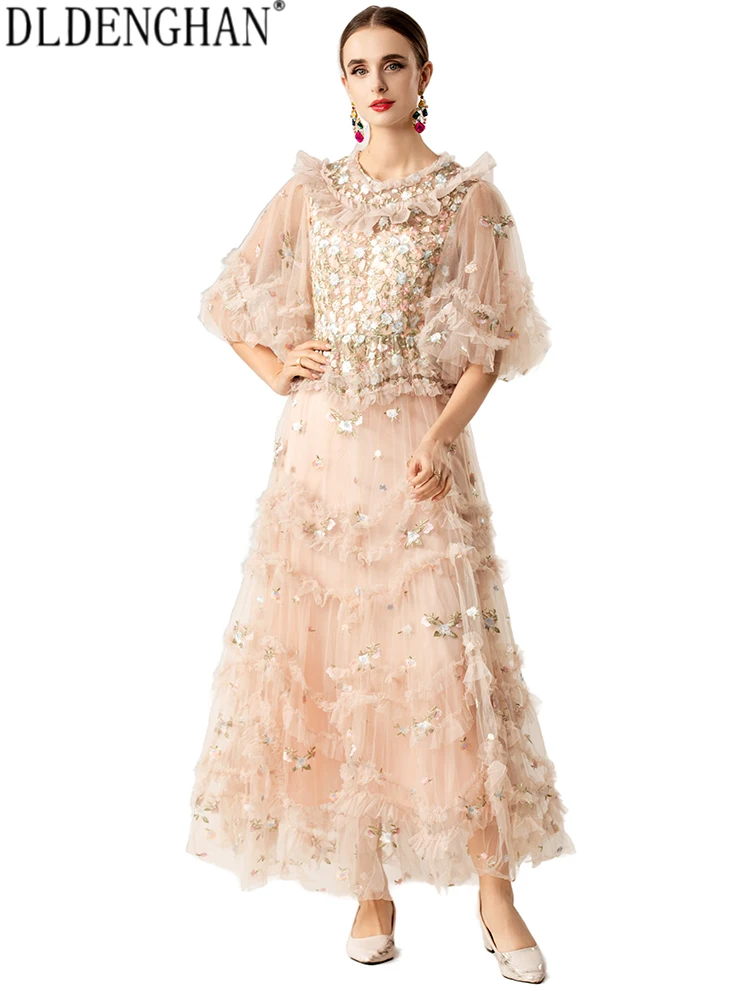 Dldenghan feminino o-pescoço mangas alargamento bordado em camadas borda babados primavera verão boêmio maxi vestido