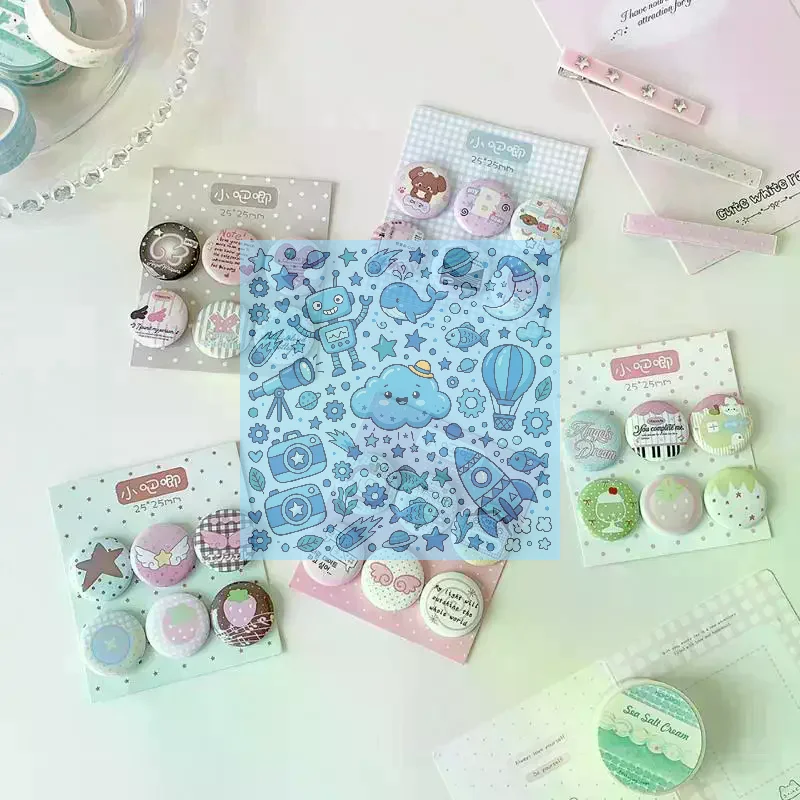6PCS Cute Kawaii Cartoon Button Badges Assorted Pastel Designs Smooth Surface For Backpack Decoration DIY Crafts Gifts For Teen