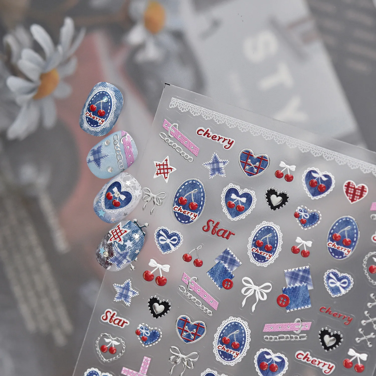 Nail Art Denim - Retro Denim Texture Heart Cherry Bow