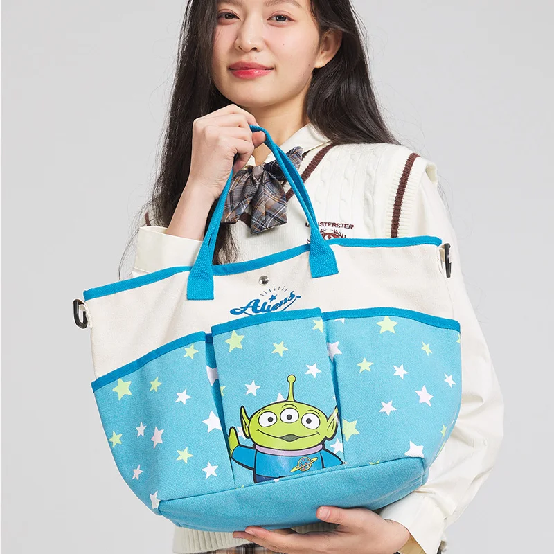 Disney tas kanvas Tote kartun Lotso Alien tas tangan wanita kapasitas besar tas belanja tas bahu perempuan dengan tali bahu