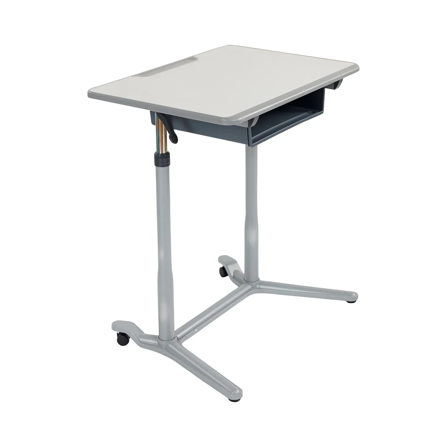 3S Mobile Adjustable Student Desk, Sit-Stand with Storage, Grey | Laminate top, steel frame, GREENGUARD Gold Certified