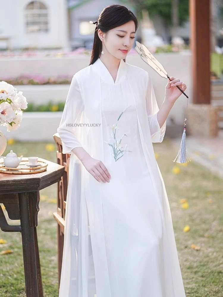 

Photogenic Chinese-style Vintage Qipao Women Embroidered Chiffon Dress For Summer Tea-style Hanfu Modified Qipao Aodai Dress