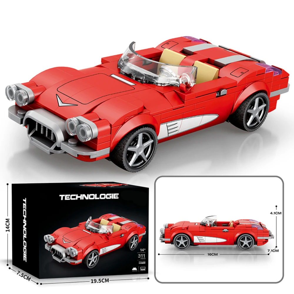 Red Convertible Sports Car Model Building Blocks Set, Racing Vehicle Bricks Collection, Kit de brinquedos para adultos e crianças, 8 Plus, 311 pcs