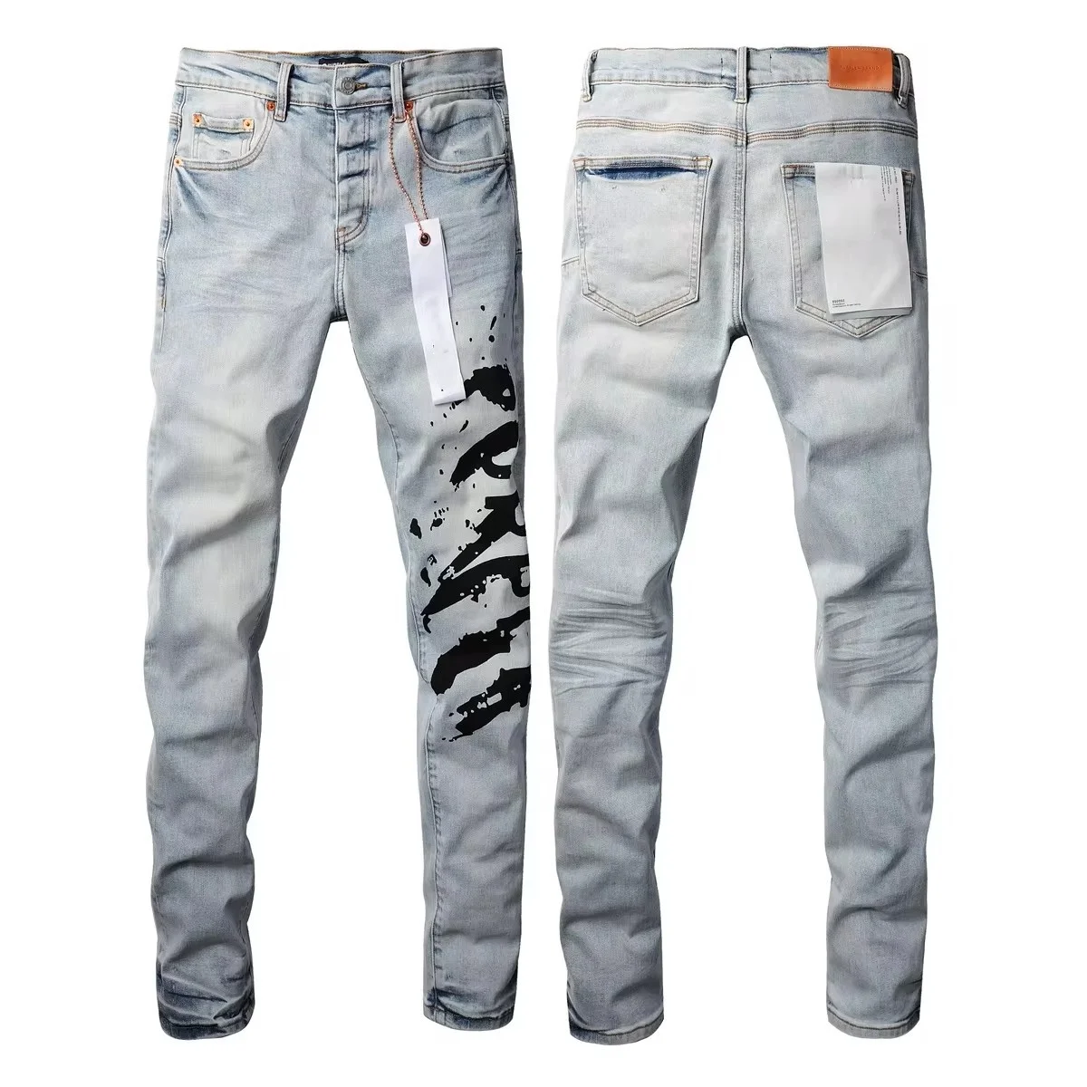 Jeans de rua alta masculino com letras impressas, calças roxas, cintura baixa, jeans skinny, reparação, marca de moda, qualidade superior