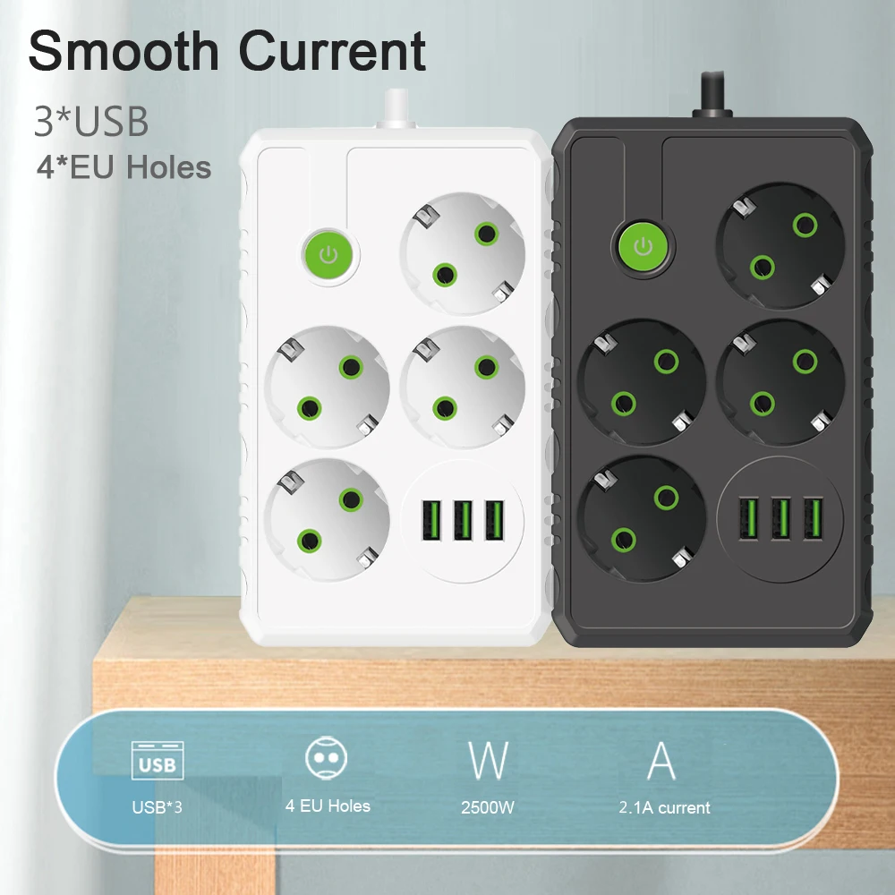 EU Plug AC gniazdka Multitap gniazdo listwy zasilającej przedłużacz 2m elektryczny z portami USB szybkie ładowanie Adapter do filtra sieciowe