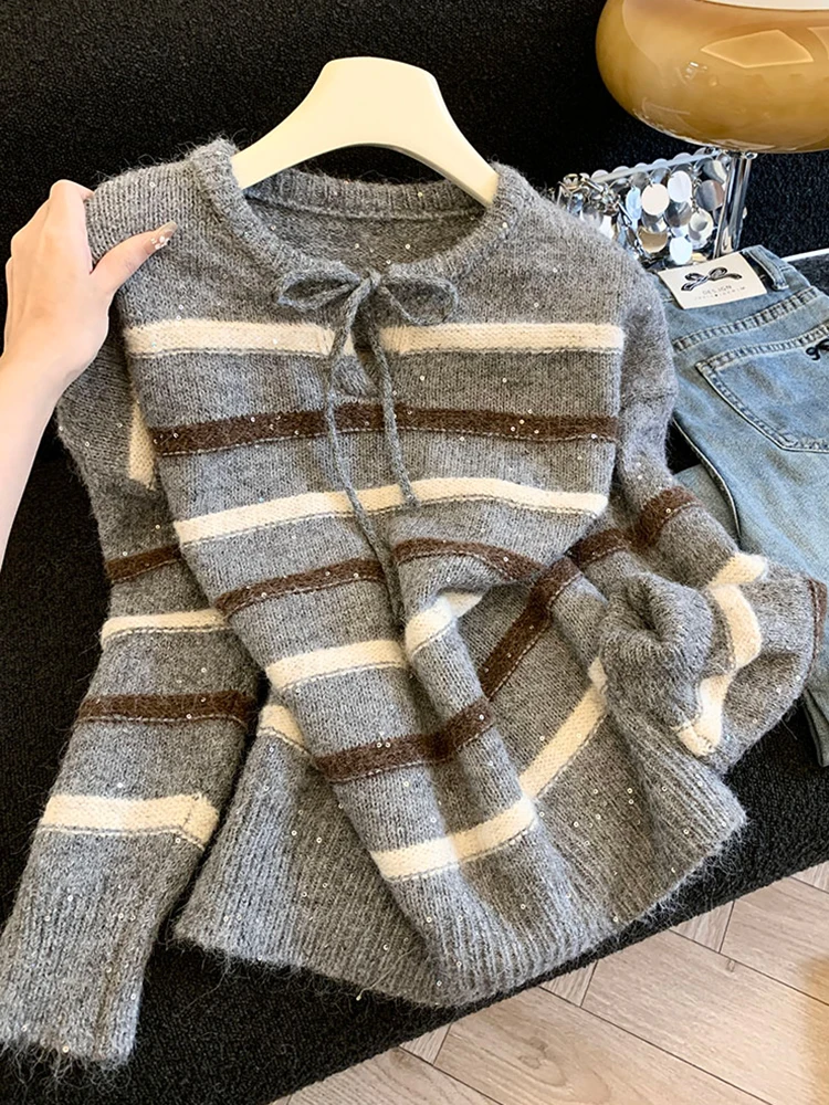 

Свободный женский вязаный свитер в полоску, цветной, в стиле блейзер, повседневный, в корейском стиле, мягкий трикотаж, новинка зимы