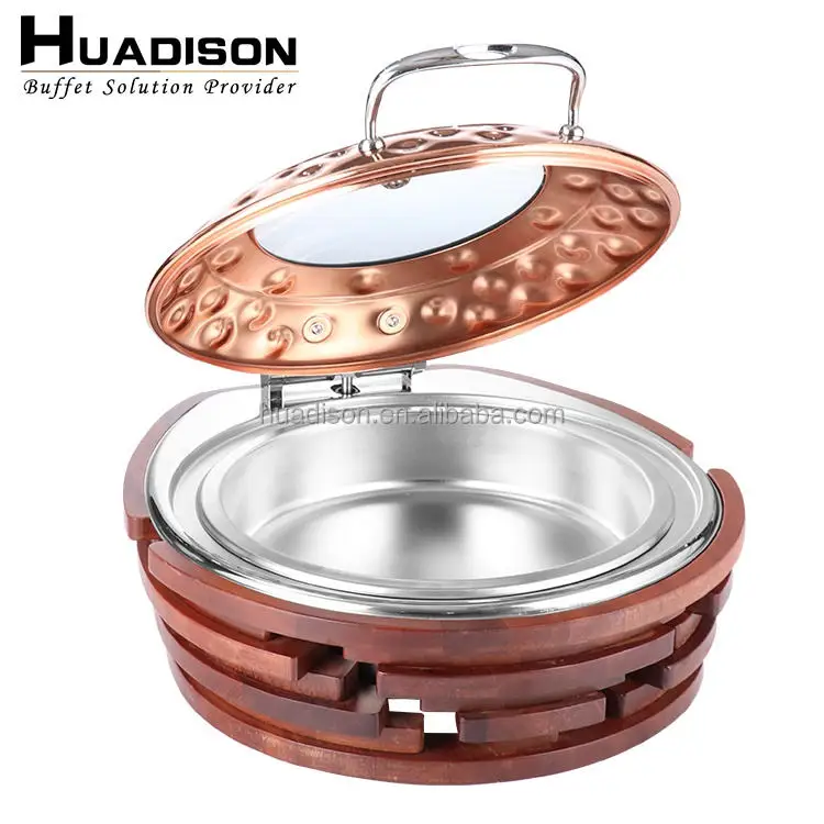 Huadison Cafeteria Catering Equipment Buffet Round Rose Gold Stainless Steel Electric Chaffing Dish With Wooden Base