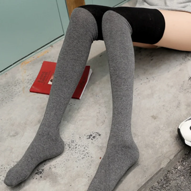 1 pair of women's tiled stockings autumn and winter knee socks pure color high stockings cotton thigh socks