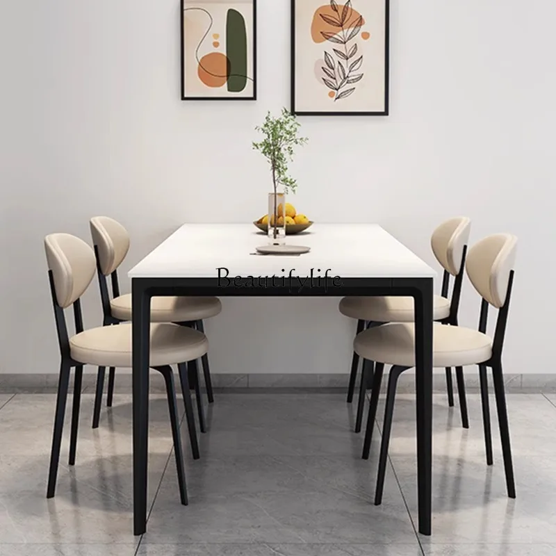 

01Aluminum alloy pure white rock slab dining table small apartment rounded corner aluminum alloy modern