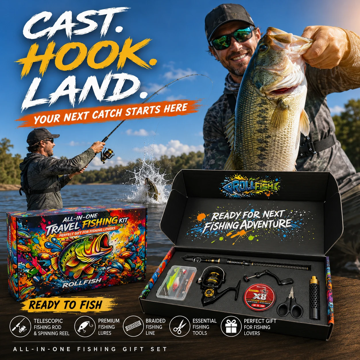 ROLLFISH Teleskop-Bass-Angelrute mit Rolle, Geschenkbox-Set, Schnur, Köder, Schere, M-Power, Reise-Angelrute, Geschenke für Männer, Väter, Ehemänner – Detail 8