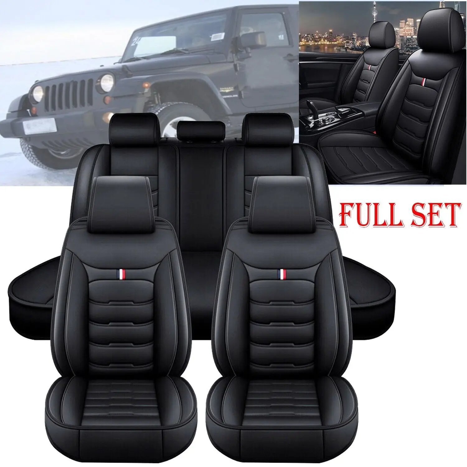 

For Jeep Car Seat Cover 5-Seats Full Set PU Leather Front Rear Deluxe Cushion