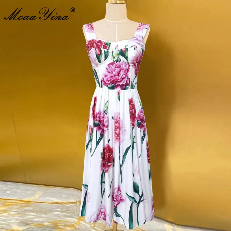 Moaayina 2023 designer vestido de verão feminino gola quadrada espaguete cinta flor impressão boêmio férias elegante algodão vestido