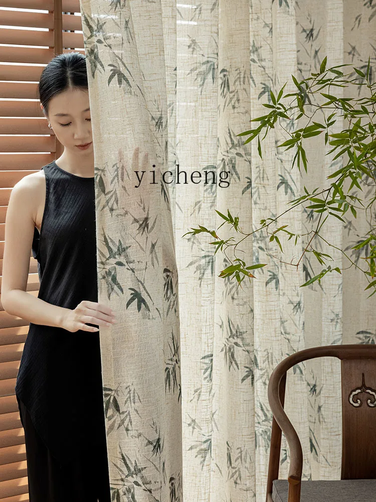 

TQH Linen Curtain Sheer Curtain New Chinese Style Landscape Bamboo Zen Window Sheer Ancient Style Custom Window Sheer