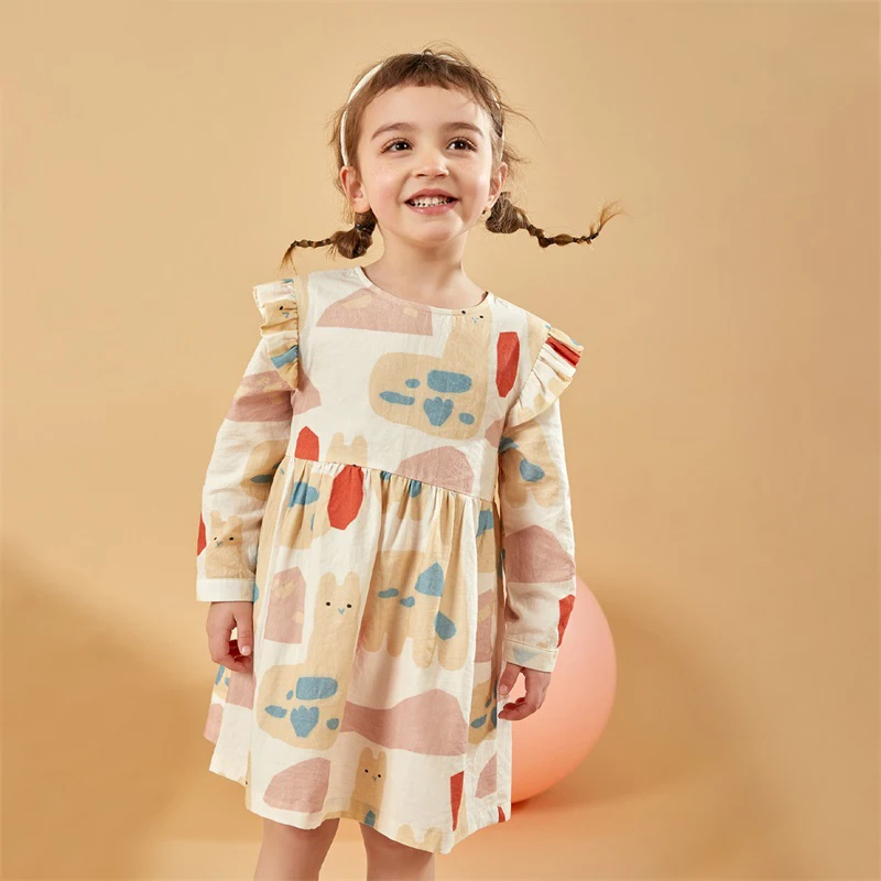 

Baby Girls Full Sleeve Dresses 100% Cotton 2022 Spring Autumn Beige Printed Cartoon Cute Kids Clothing 18M 7T Children Wear 80cm