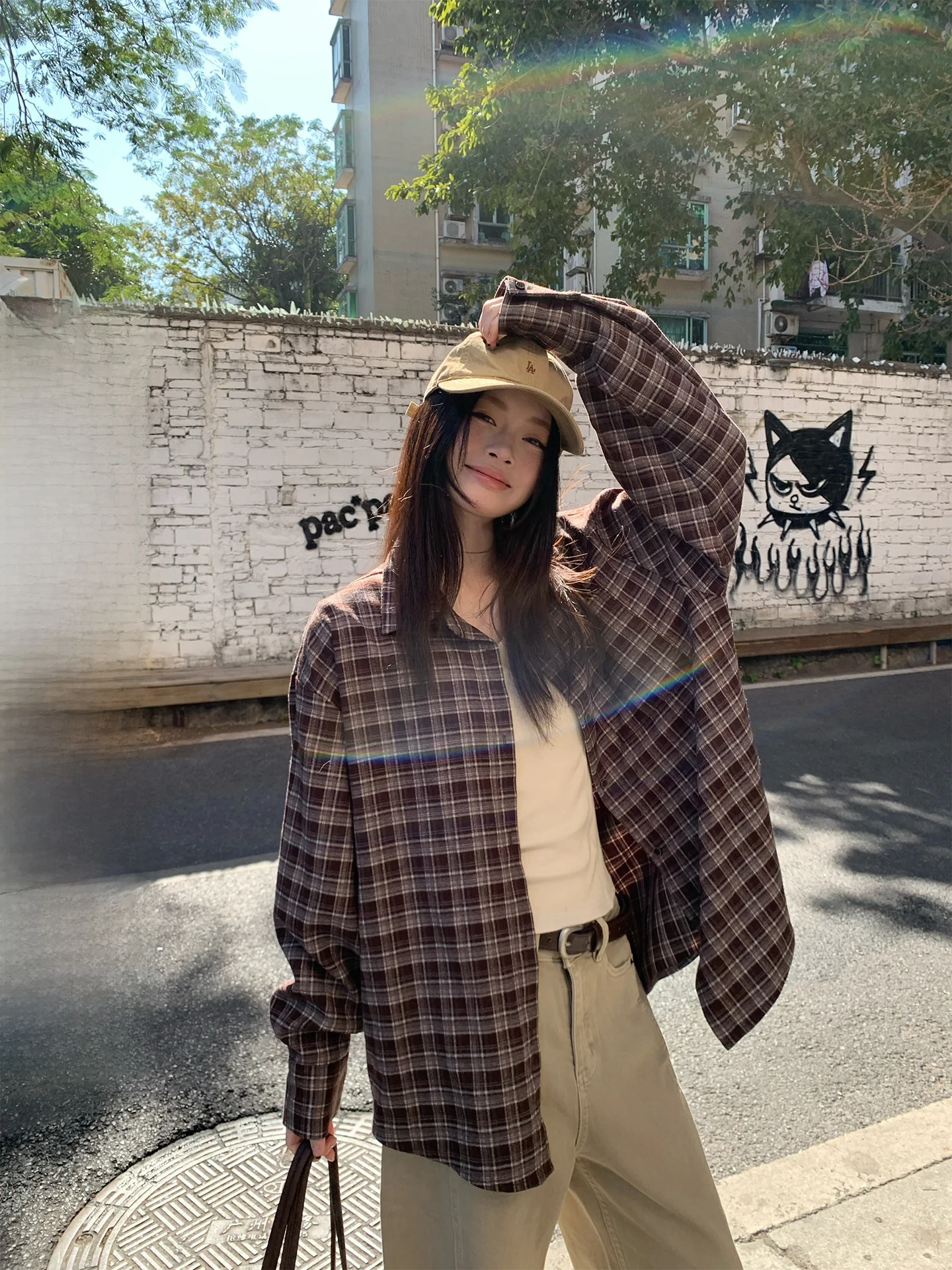 

Long Sve Plaid irt Women's Loose Sle Outerwear Spring New Lazy Faion Slimming Trendy Korean Version Comfortable Brea...