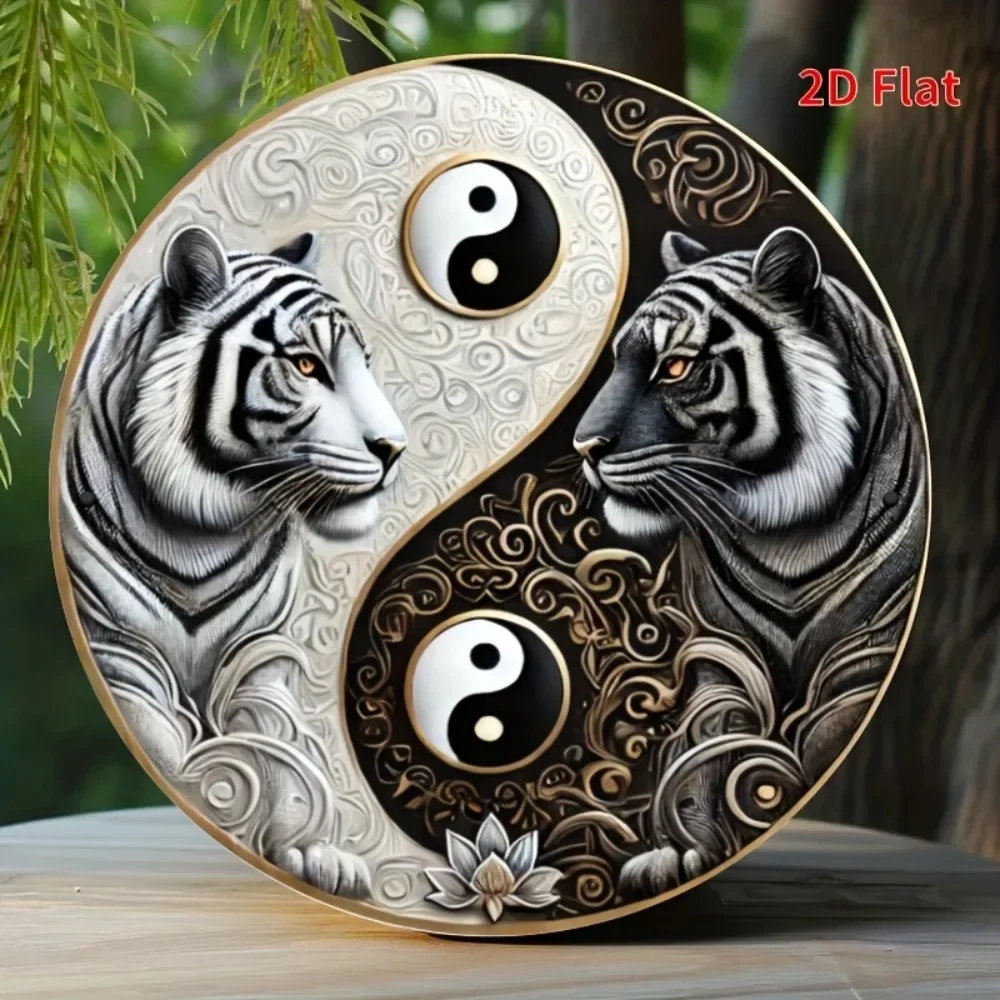 Round metal tin signage, Yin Yang Bengal Tiger Black and White Art decoration, aesthetic decoration, eye-catching signage