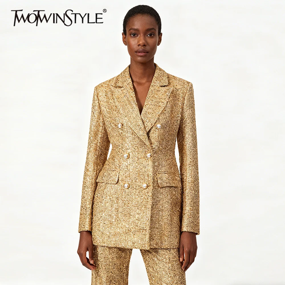 TWOTWINSTYLE Gold Slimming Spliced Double Breasted Fashion Blazers for Women Lapel Long Sleeves Tunic Temperament Blazer Female