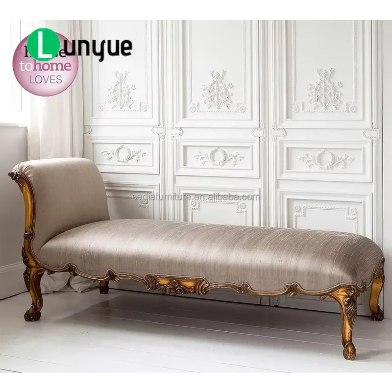 French Style Vintage Victorian Carved Wooden Ottoman Bench Long Antique Fabric Recliner Sofa for Bedroom Living Room