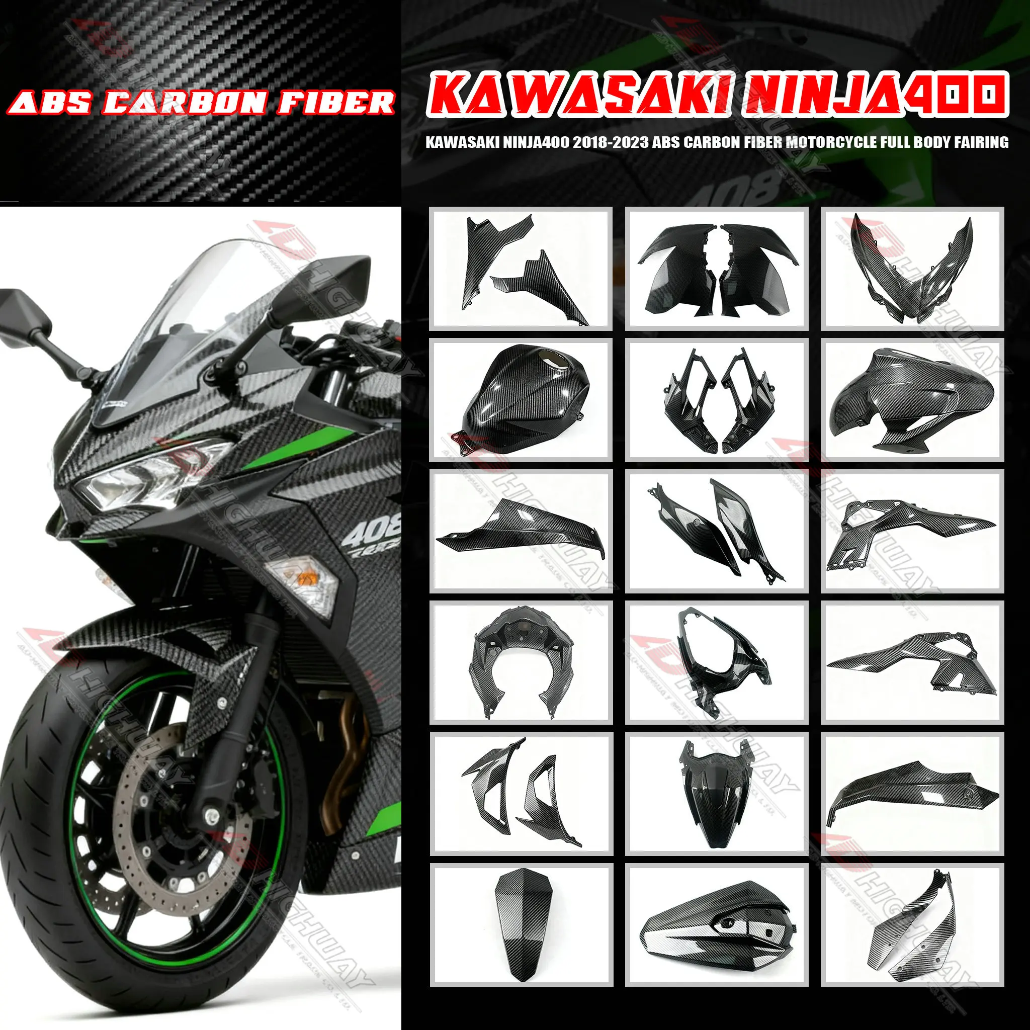 

ABS Carbon Fiber Pattern Faring Kits For Kawasaki Ninja 400 2018-2023 Fender Frame Cover Fuel Tank Motorcycle Accessories